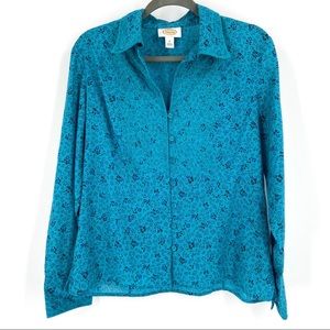 Talbots Embroidered Long Sleeve Top Teal Size Medium Button Down